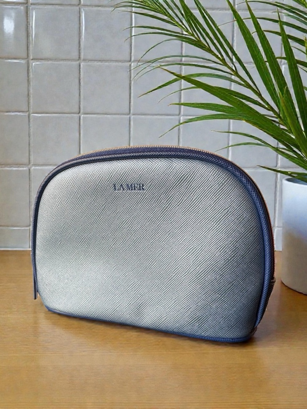 La Mer Metallic Blue Cosmetic Makeup Bag Travel Case Zip Pouch